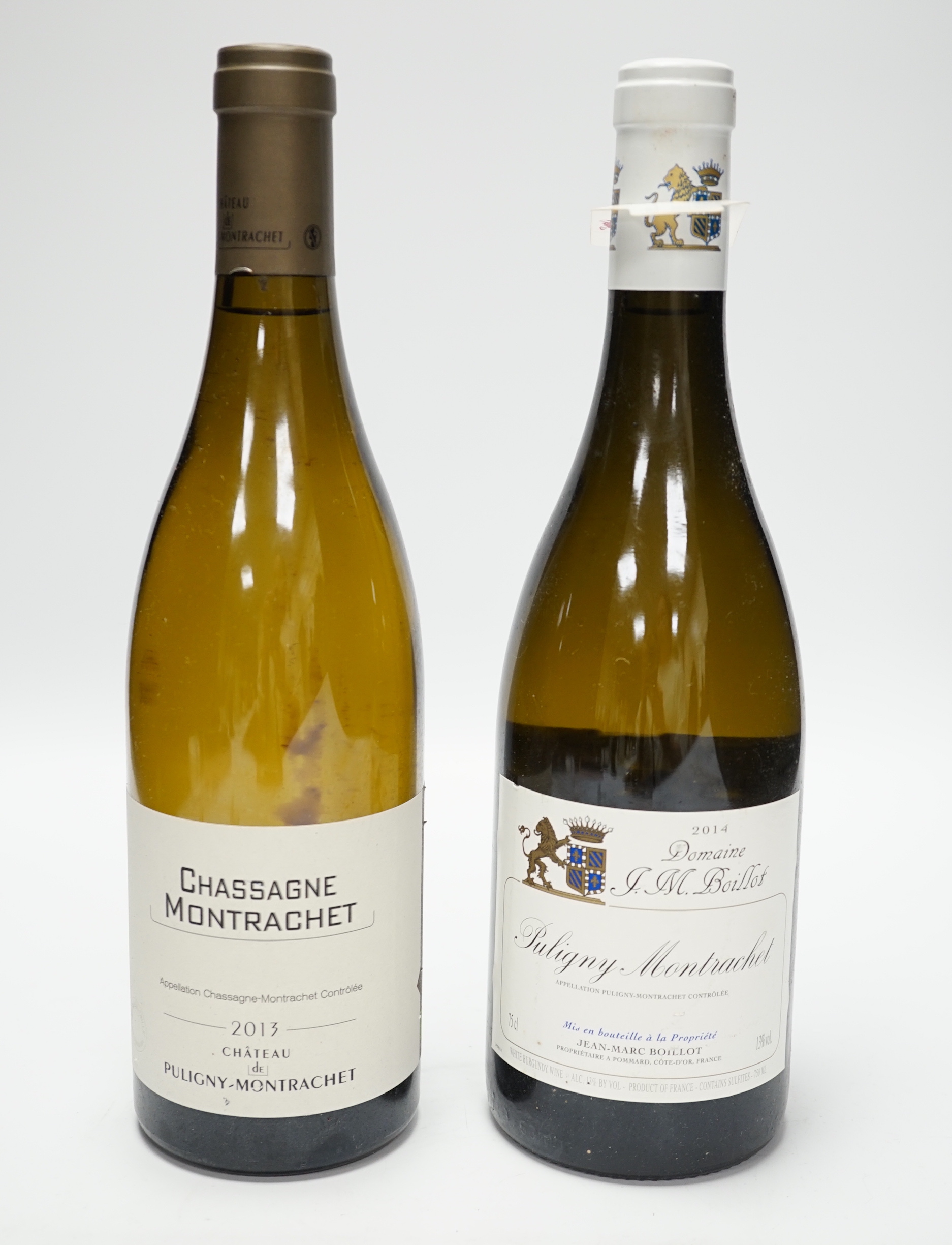 One bottle of Meursault-Charmes premier cru, les Charmes dessus 2014, two bottles of Chassagne Montrachet, Chateau de Puligny-Montrachet 2013, two bottles of Couton-Charlemagne grande cru 2011 and four bottles of Puligny